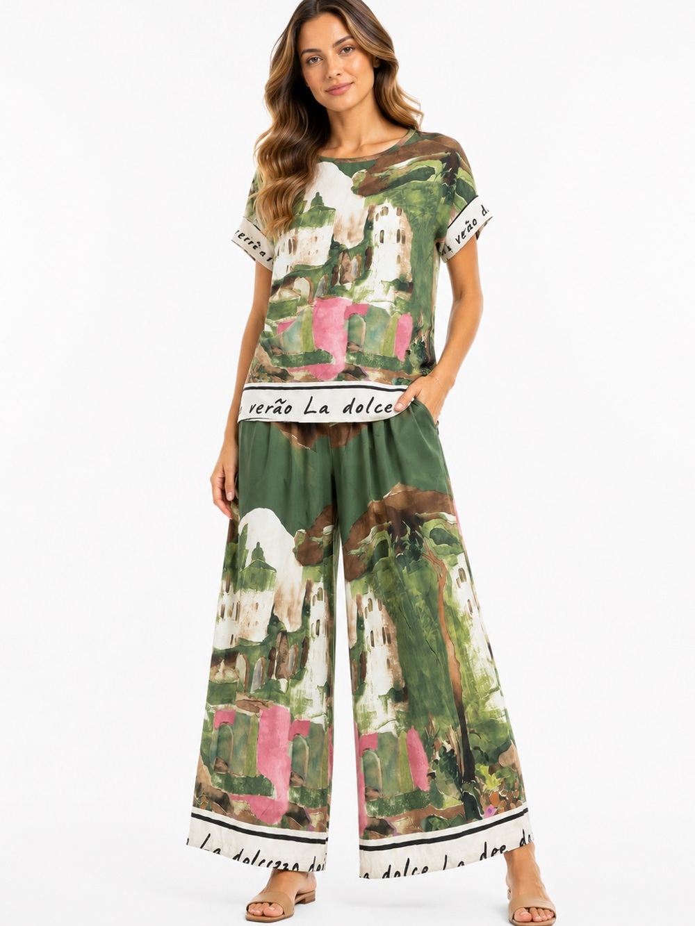 222.Made in Italy 🇮🇹 2 pc set Green Printed Viscose
